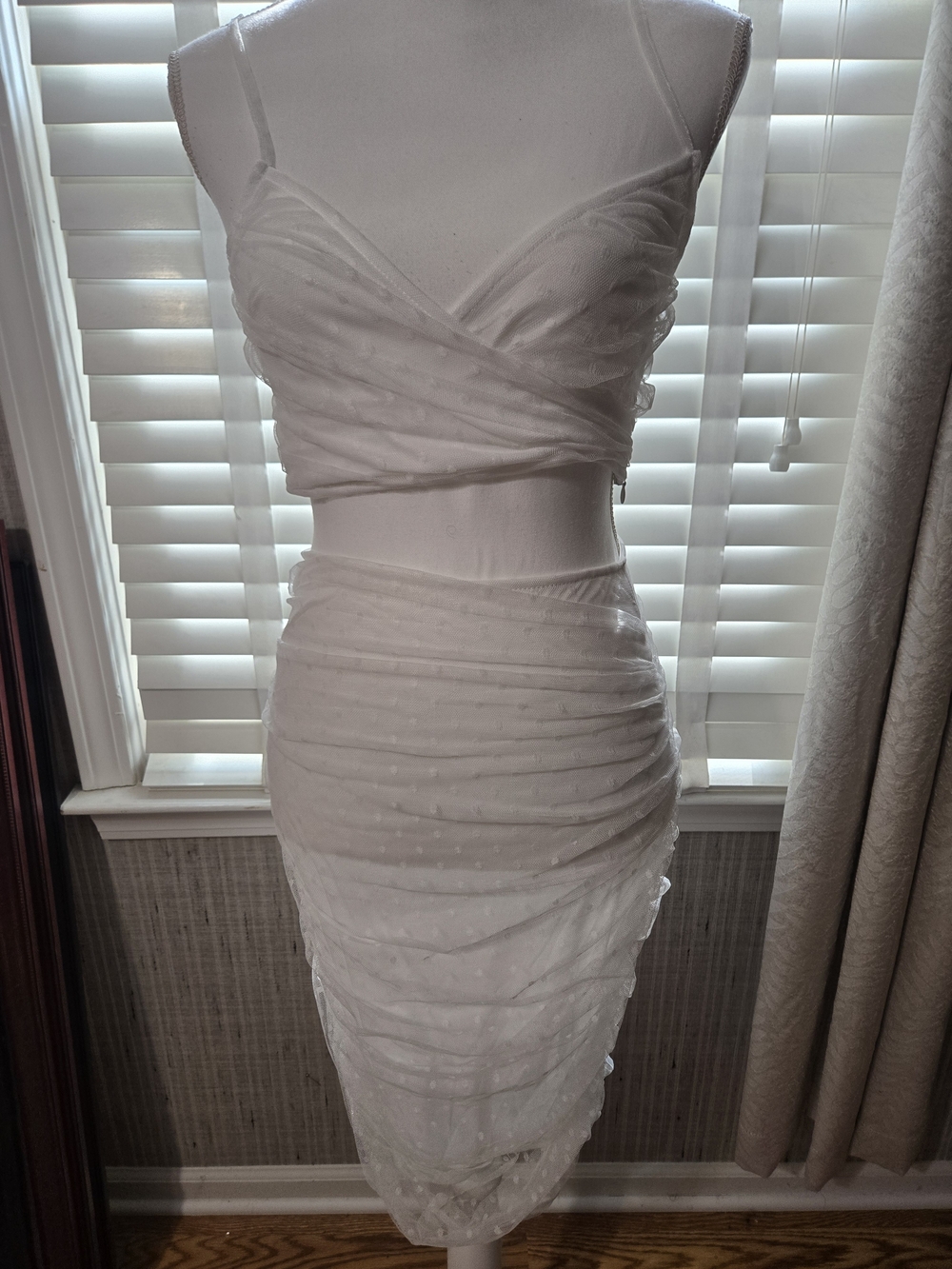 NWT White Ruched Polka Dot Mesh Skirt By Parisian